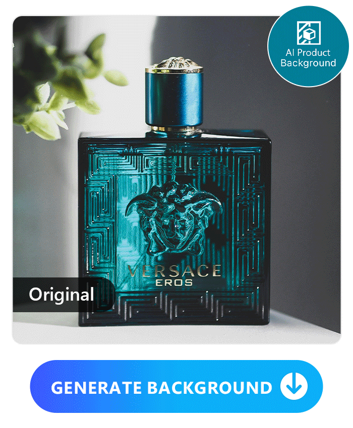 a perfume product image applied with 6 styles of AI product background of Promeo